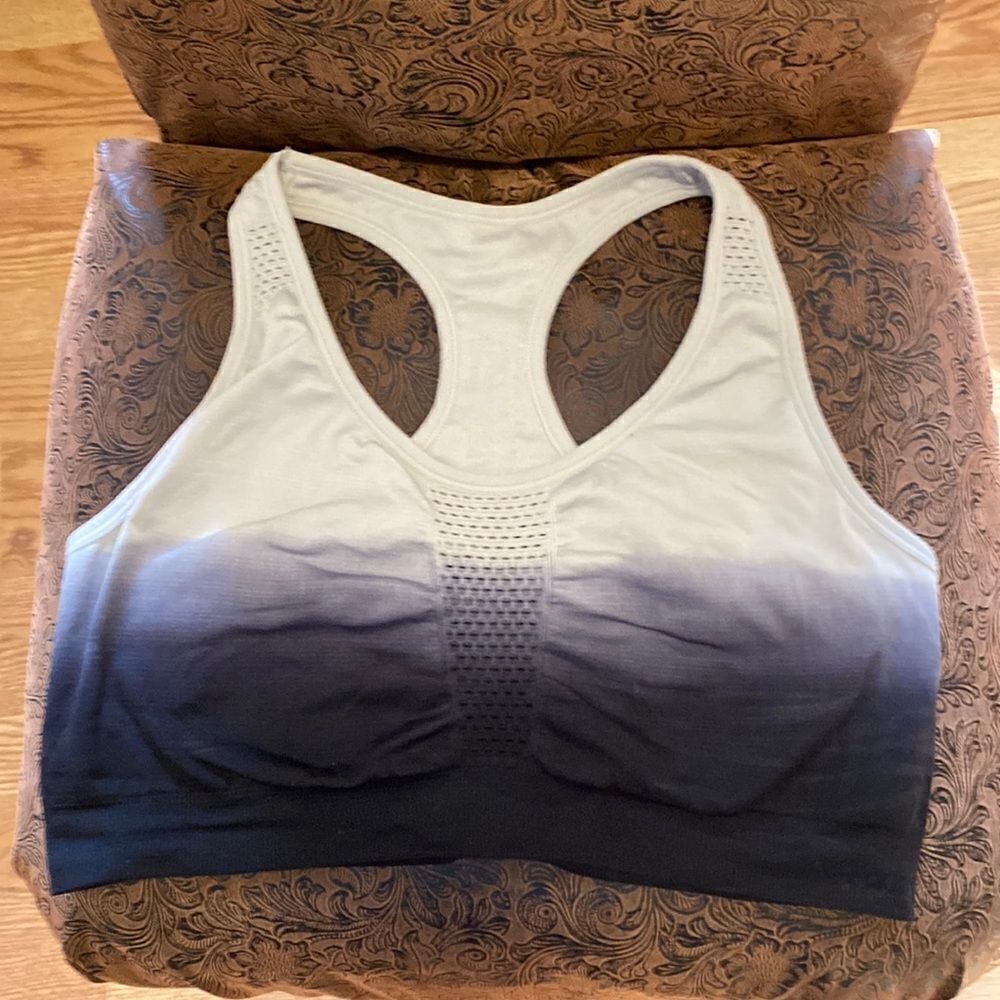 Dipdyed/ombré gray and blue racer back sports bra